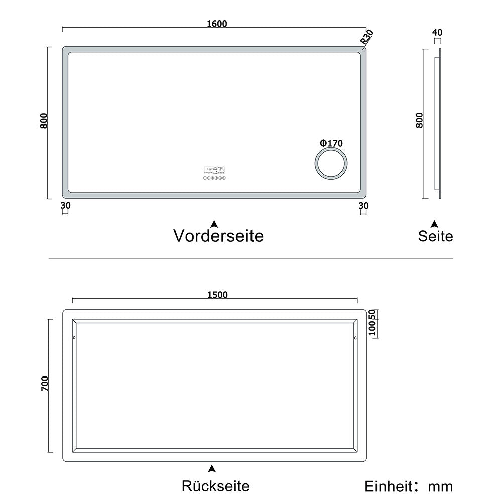 LED badkamerspiegel 80 tot 160cm 2 lichtkleur 2700/6000K wandspiegel met bluetooth, klok, touch, anti-condens, 3-voudige vergroting Make-up spiegel IP44 koud/warm wit energiebesparend 160x80 cm