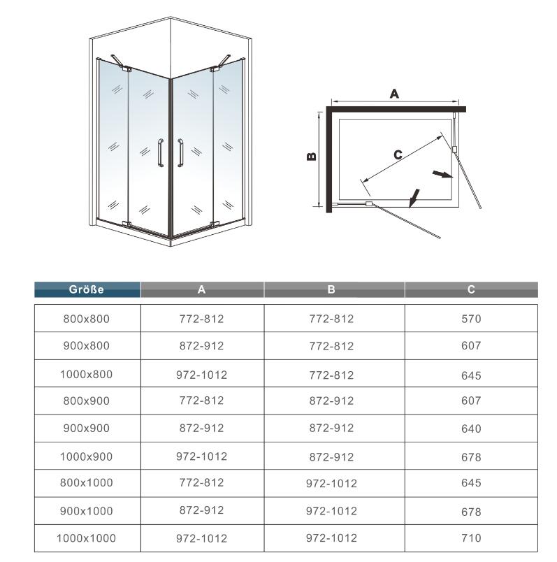 hoek-instap douchecabine,dubbele scharnieren draaideur, 8mm easyclean nano veiligheidsglas