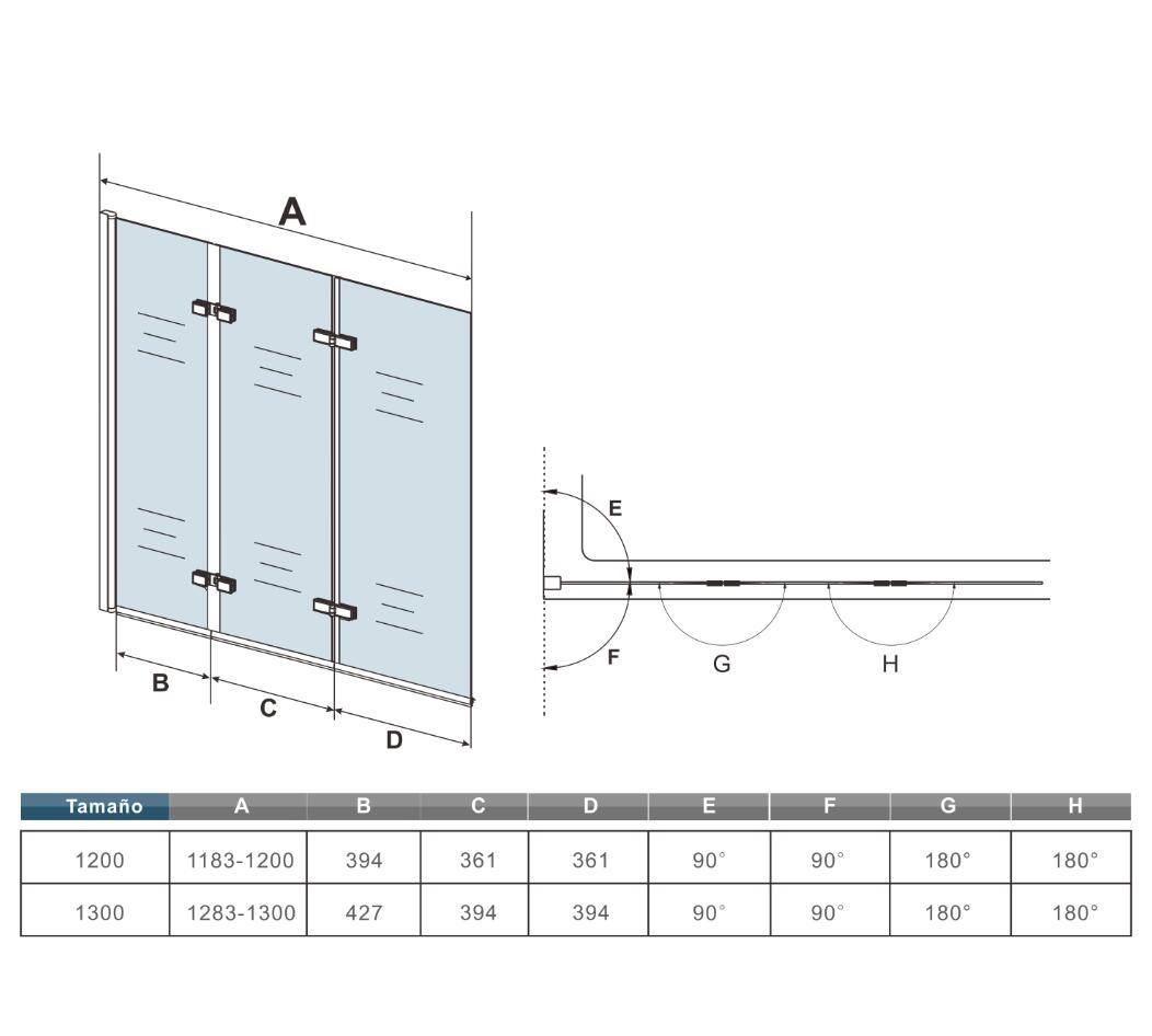 3-delig draaibaar badwand 130X140cm, 6mm nano gehard veiligheidsglas