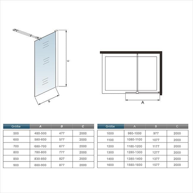 Inloopdouche 200cm hoog,10mm NANO EasyClean veiligheidsglas met matte folie
