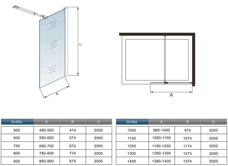 Inloopdouche doucheafscheiding, doucheglaswand 200cm hoog, NANO-glas