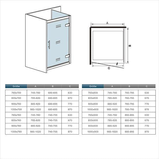 zij-instap douchecabine,zijpaneel,scharnier draaideur,6mm helder veiligheidsglas