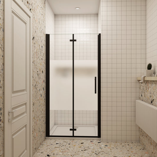 70/76/80/90/100/110/120x195cm douchedeur Vouwdeur Mat Zwart Profiel met een matte strook,6mm NANO veiligheidsglas 180° draaibaar