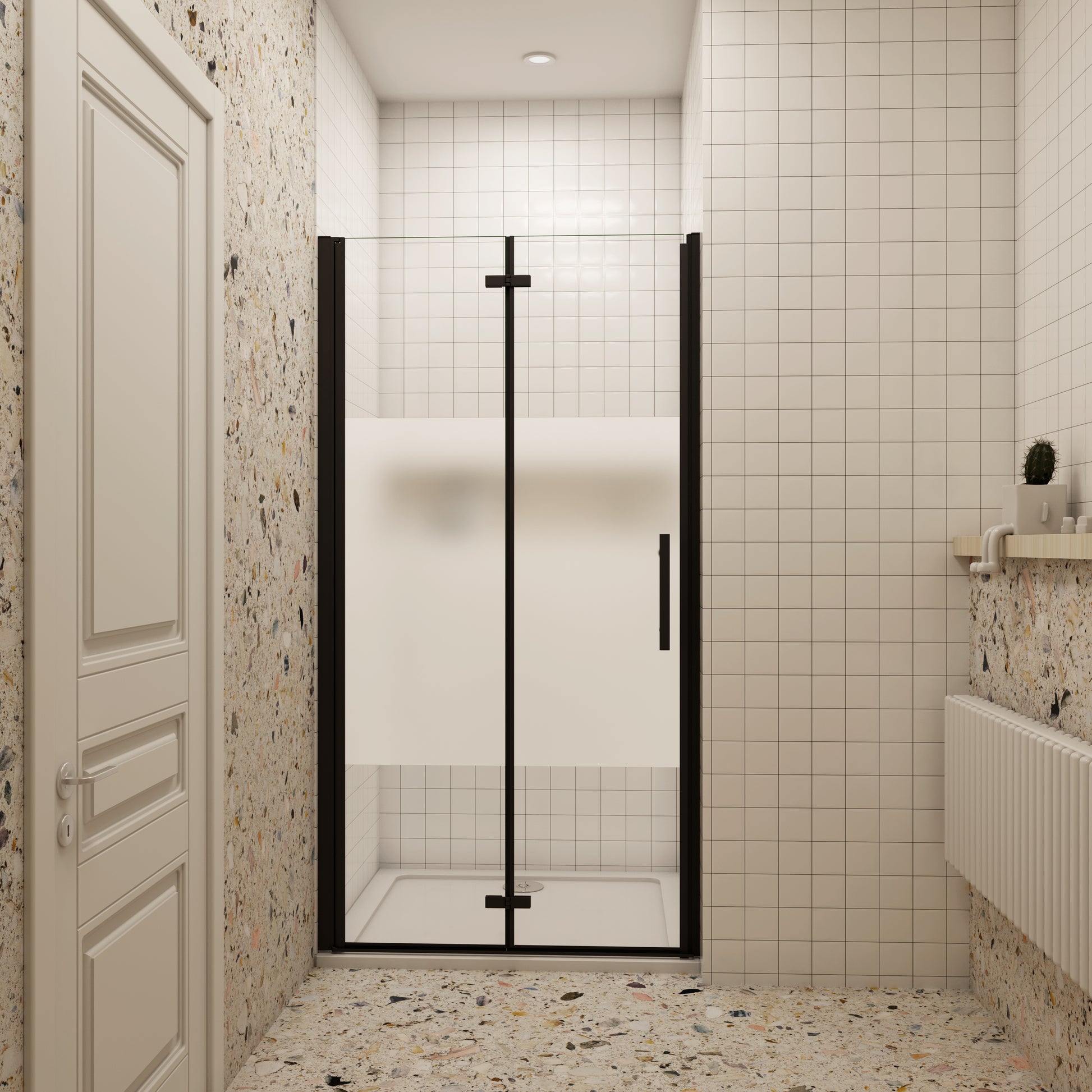 70/76/80/90/100/110/120x195cm douchedeur Vouwdeur Mat Zwart Profiel met een matte strook,6mm NANO veiligheidsglas 180° draaibaar