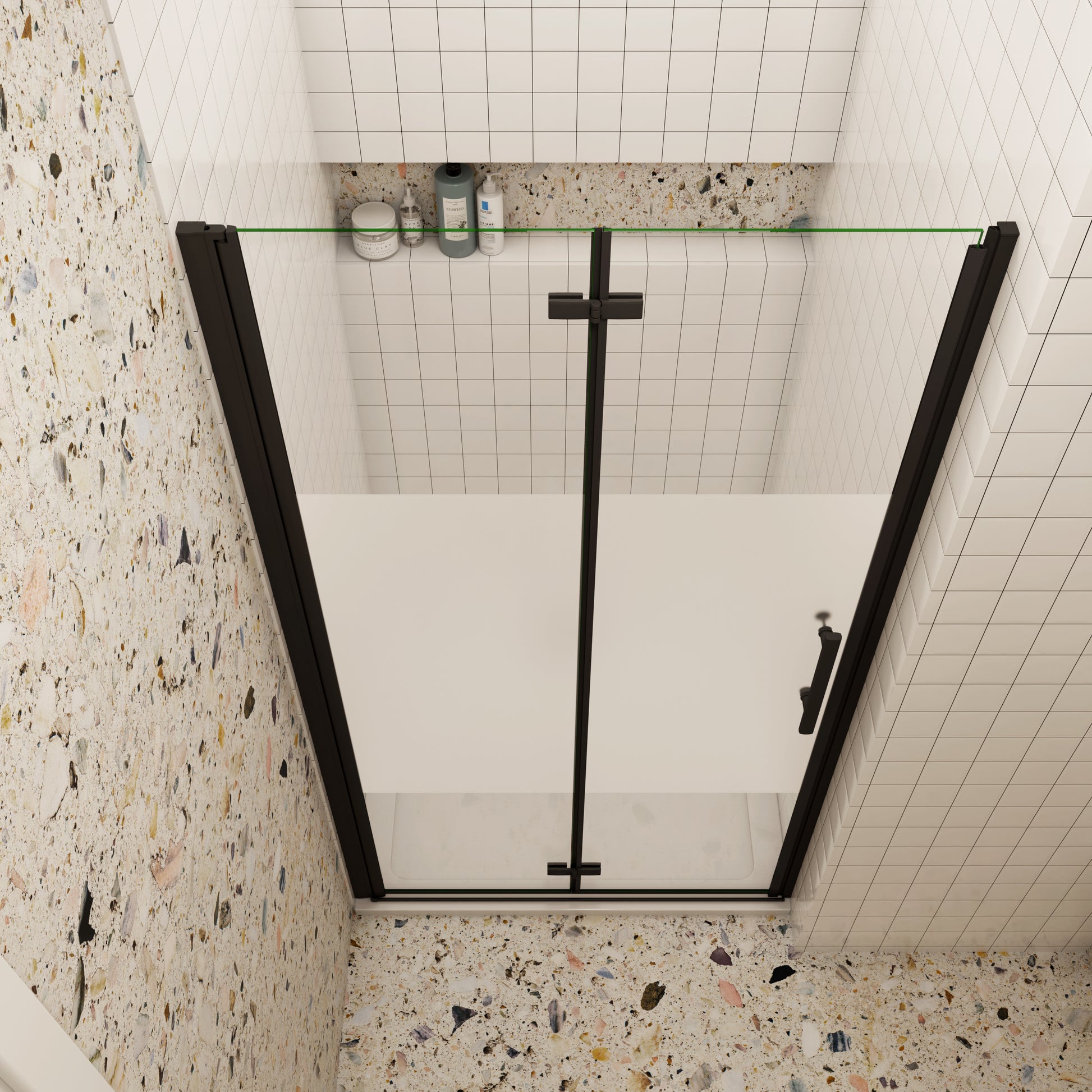 70/76/80/90/100/110/120x195cm douchedeur Vouwdeur Mat Zwart Profiel met een matte strook,6mm NANO veiligheidsglas 180° draaibaar