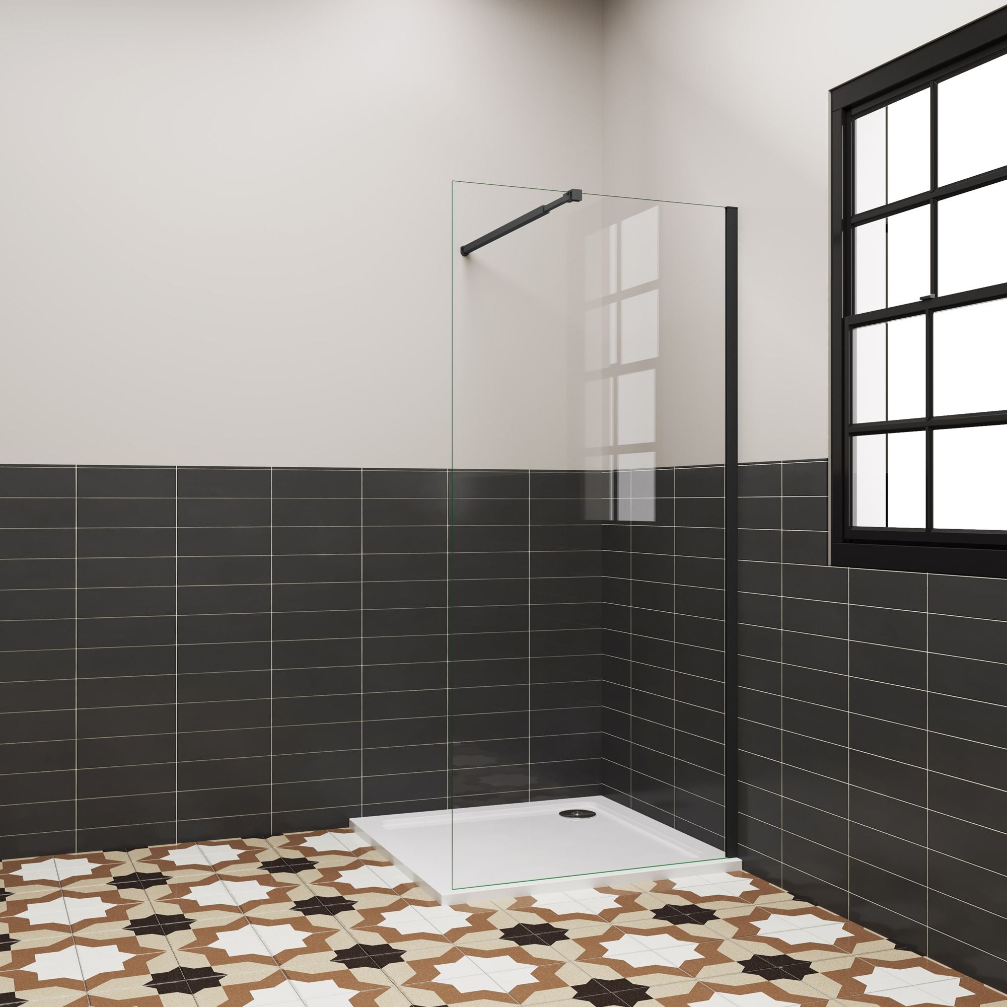 Inloopdouche 70-76-80-90-100x185 cm, 6 mm helder EasyClean veiligheidsglas,mat zwart，Stabilisatorstang meerdere opties aluminium frame,