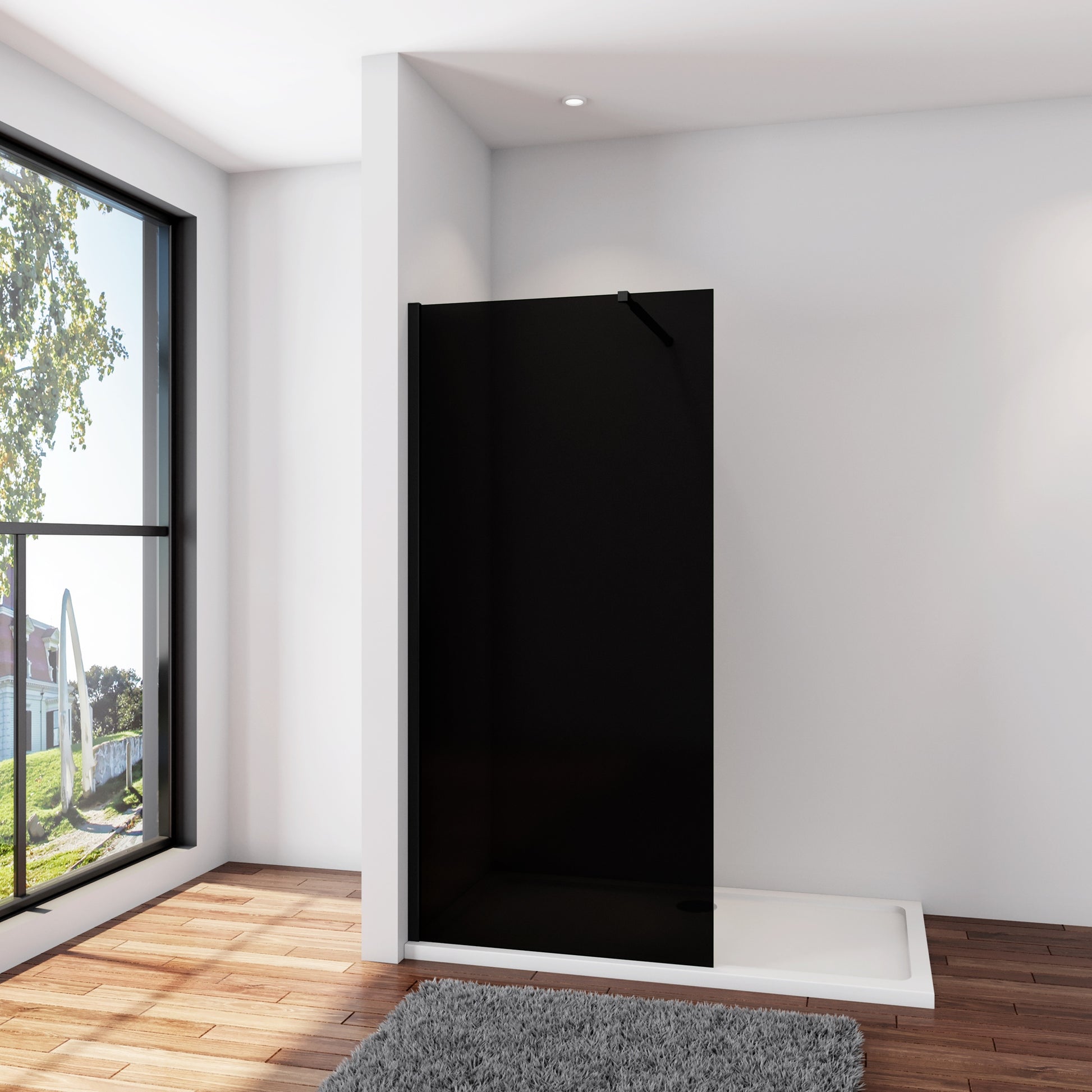 Aica Industriële douchewand 80-140x200 cm 8 mm NANO gehard glas met zwarte veiligheidsfolie 73-120/70-120/N-vormig:90/N-vormig:140/F-vormig:90/F-vormig:140cm inkortbaar stabilisatiestang mat zwart dubbele veiligheidswaarborg