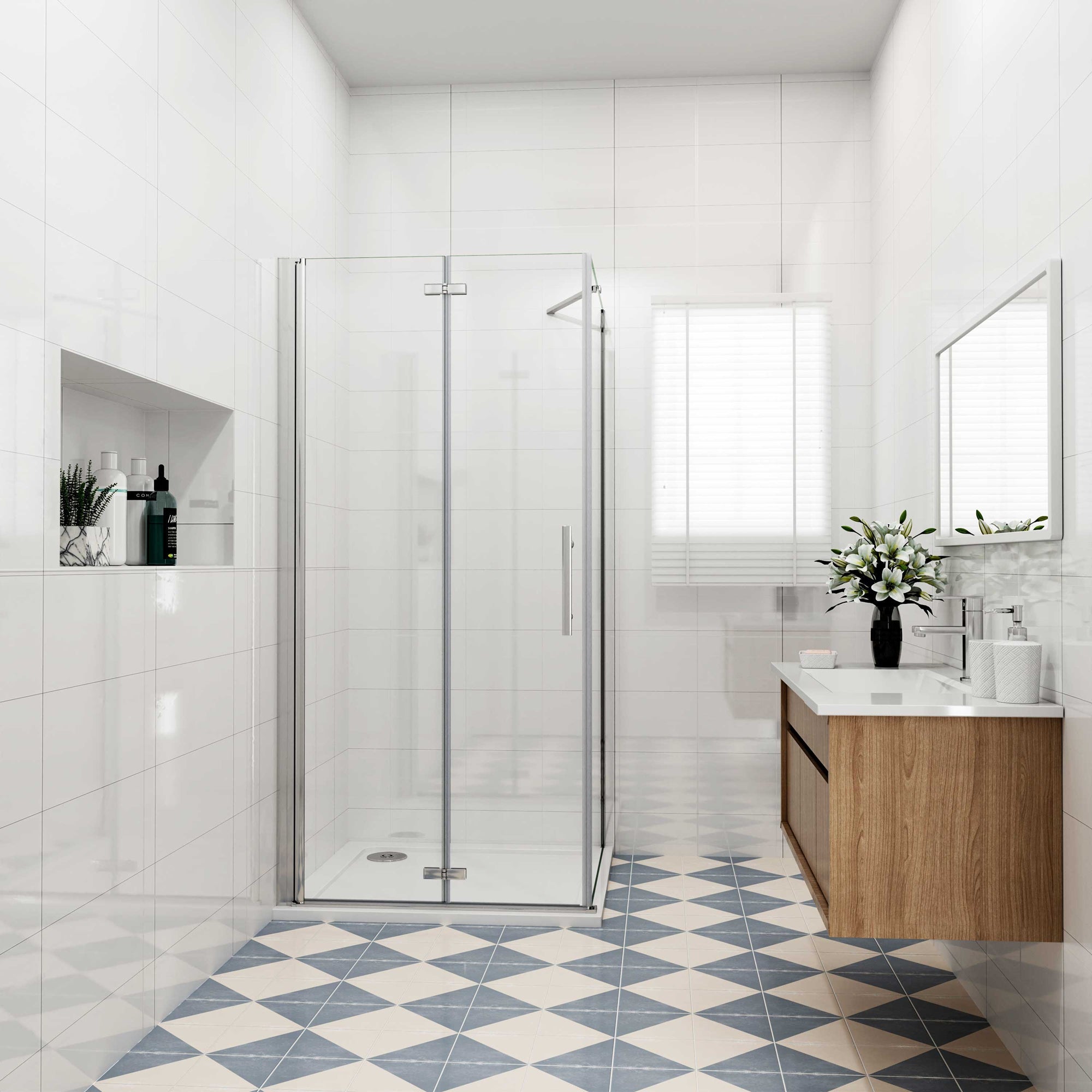 Douchecabine met vouwdeur en vaste zijwand ,NANO EasyClean veiligheidsglas,B:76xD:76x185cm,50cm Stabilisatiestang