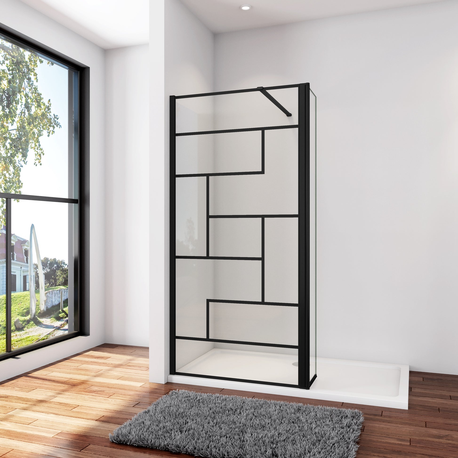 Inloopdouche 140x200cm met zwart deco,40x200cm draaibaar hoekprofiel + 90cm Stabilisatiestang,8mm NANO EasyClean veiligheidsglas