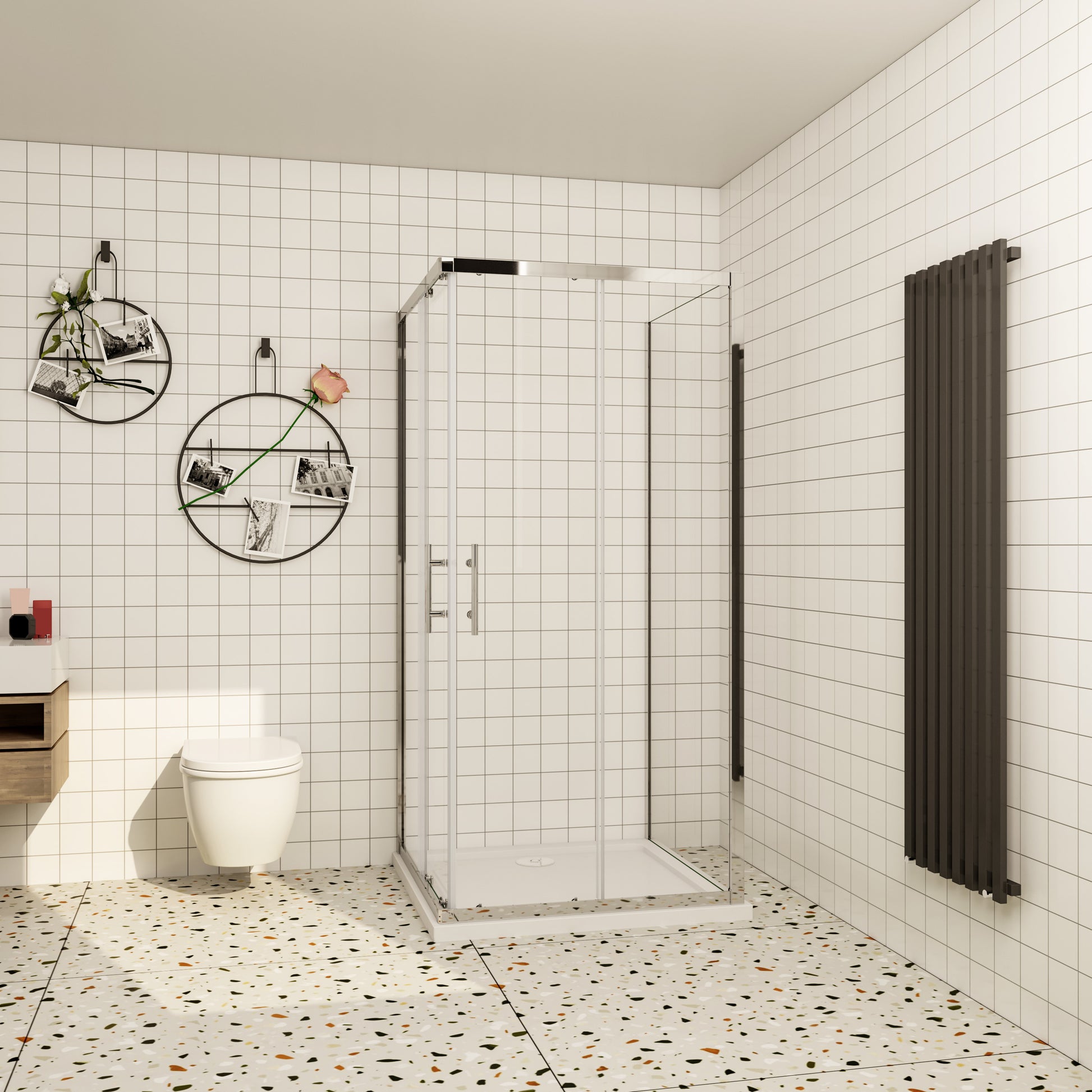 Aica ontwerp Driezijdige douchecabine 70-80-90x70-80-90x70-80-90x185cm Twee schuifdeuren 6mm+één zijpaneel 5mm gehard glas glanzend chroom met wit complete douchebak