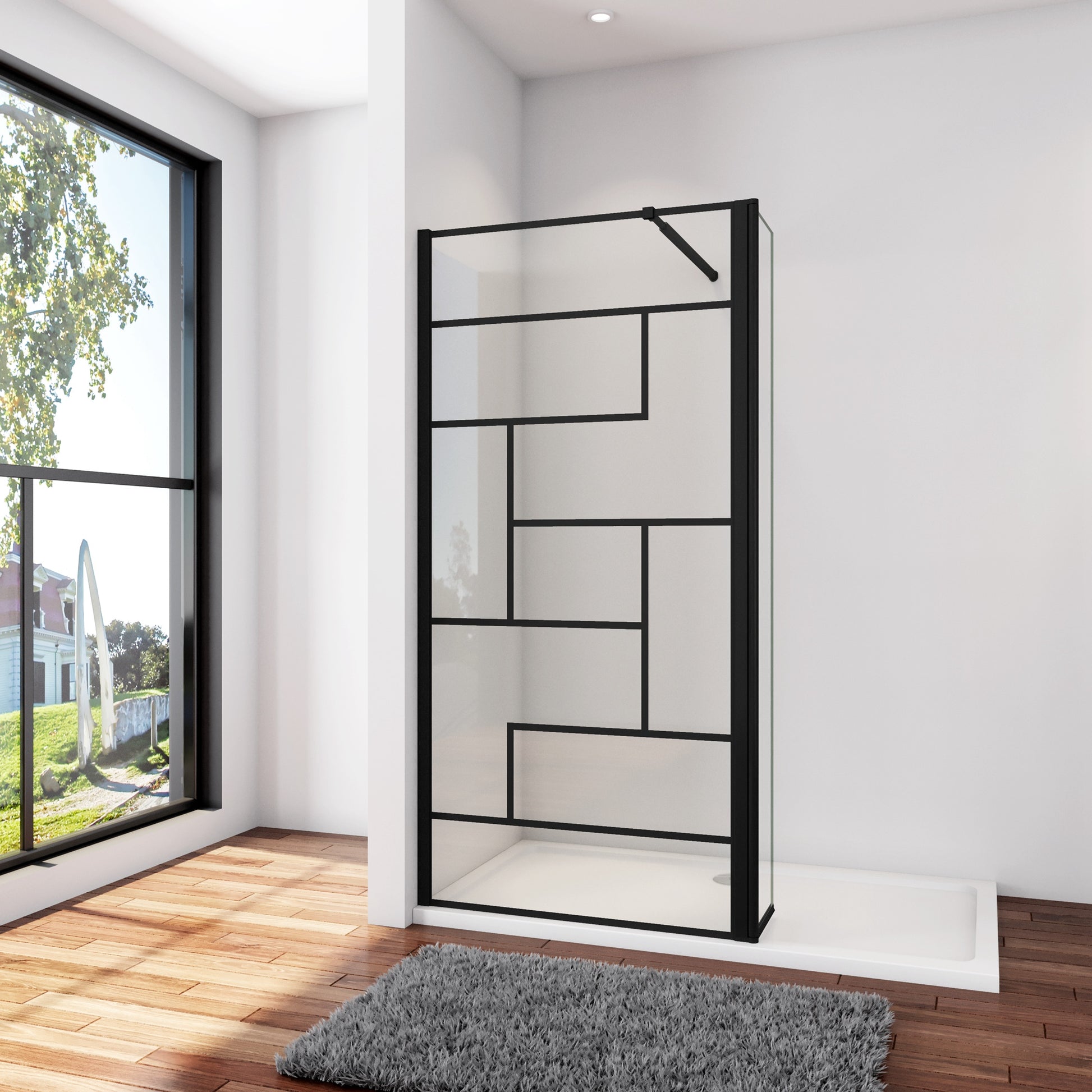 Inloopdouche 100x200cm met zwart decor, 30x200cm draaibaar hoekprofiel,73-120cm Stabilisatiestang,8mm NANO EasyClean veiligheidsglas