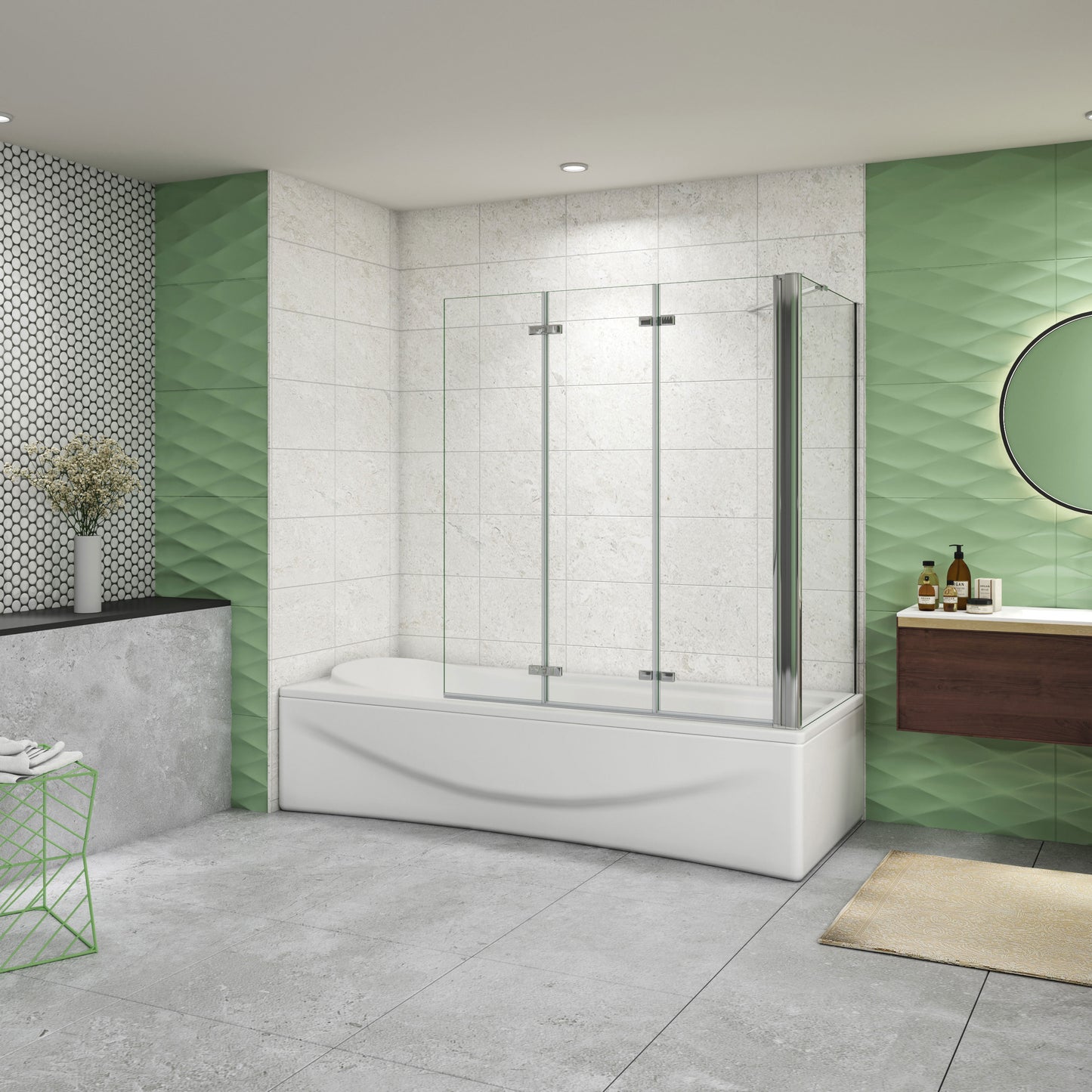 Aica Luxe Badwand 130x60/70/75/80x140cm-3-Delig Inklapbaar 6mm Transparant Easy Clean Gehard Glas-Chroom Frame-Eenvoudige Montage