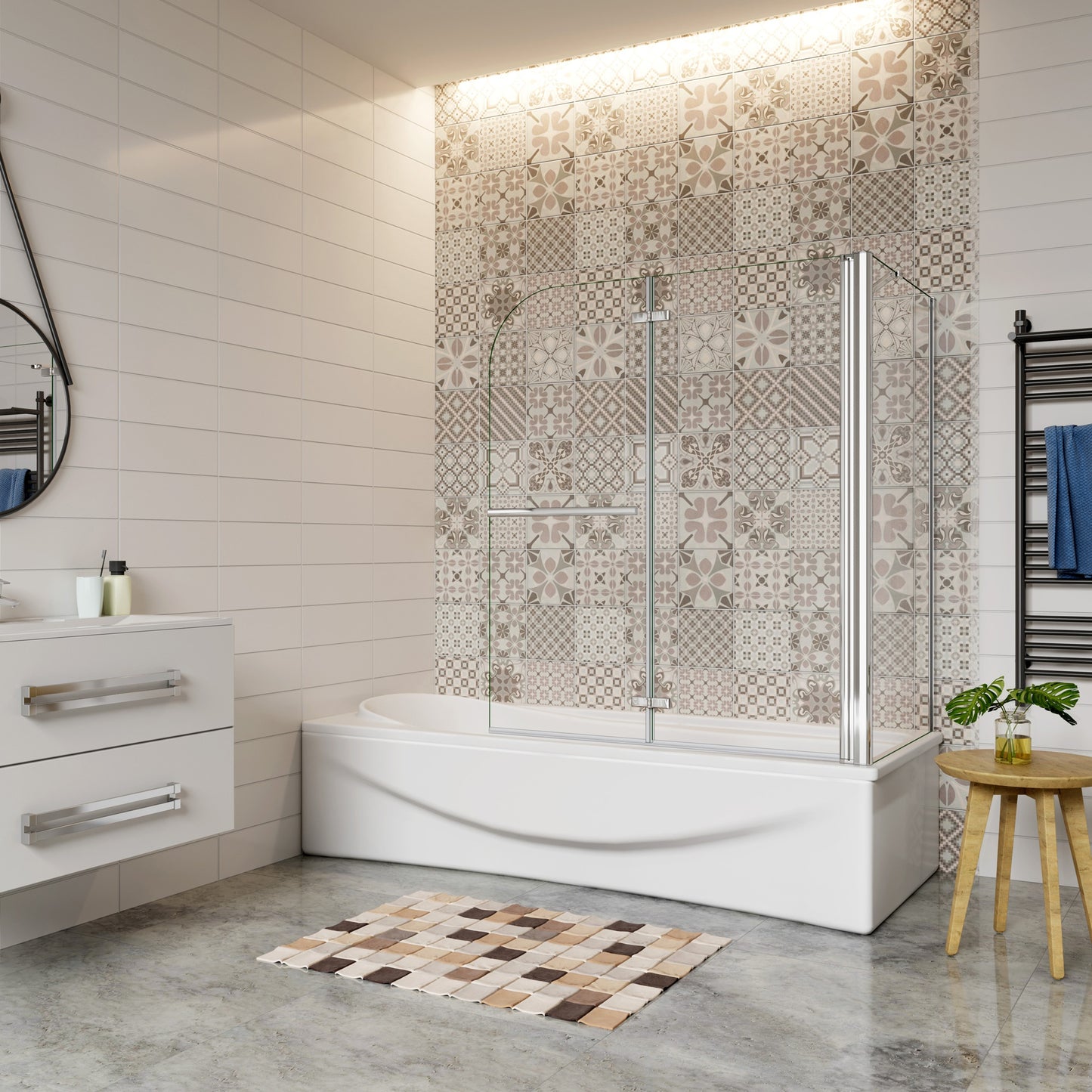 Aica Klassieke Badwand 95/100/120x60/70/75/80x140cm,2-Delig Inklapbaar,6mm Transparant Easy Clean Gehard Glas,Chroom Frame,met Handdoekhouder,Eenvoudige Montage