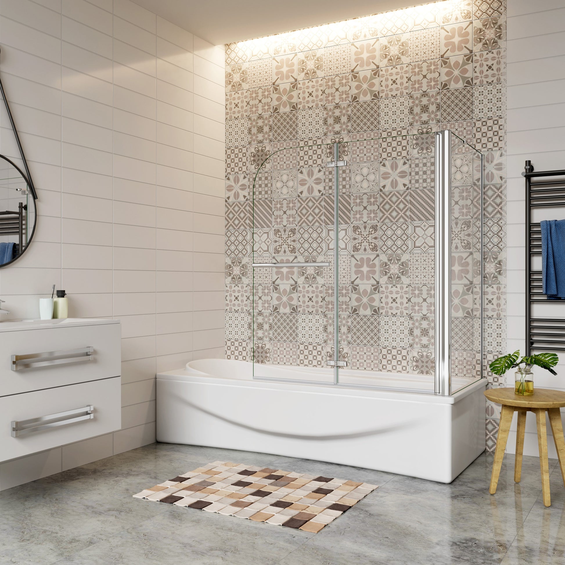 Aica Klassieke Badwand 95/100/120x60/70/75/80x140cm,2-Delig Inklapbaar,6mm Transparant Easy Clean Gehard Glas,Chroom Frame,met Handdoekhouder,Eenvoudige Montage