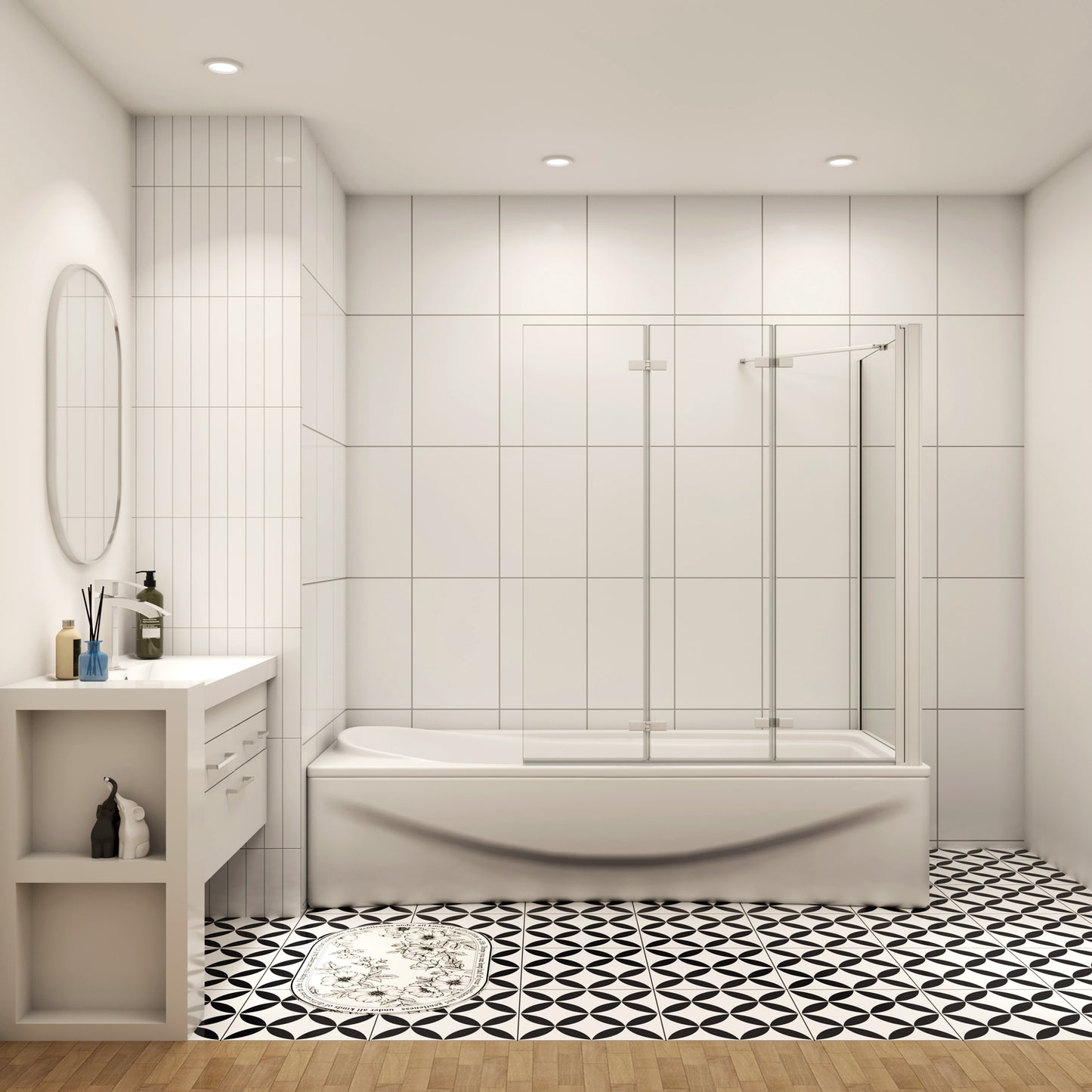Aica Luxe Badwand 130x70/75/80x140cm,3-Delig Inklapbaar,6mm Transparant Easy Clean Gehard Glas,Grijs Frame,Eenvoudige Montage