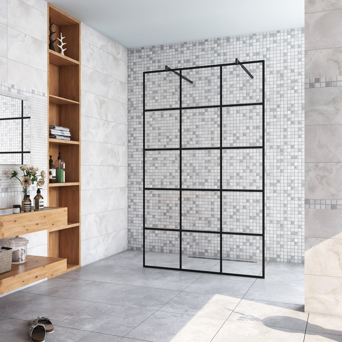 Inloopdouche 87,7x200cm met mat zwart kader en raster,8mm NANO EasyClean veiligheidsglas,met 2 70-120cm stabilisatiestangen