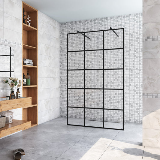 Inloopdouche 87,7x200cm met mat zwart kader en raster,8mm NANO EasyClean veiligheidsglas,met 2 70-120cm stabilisatiestangen