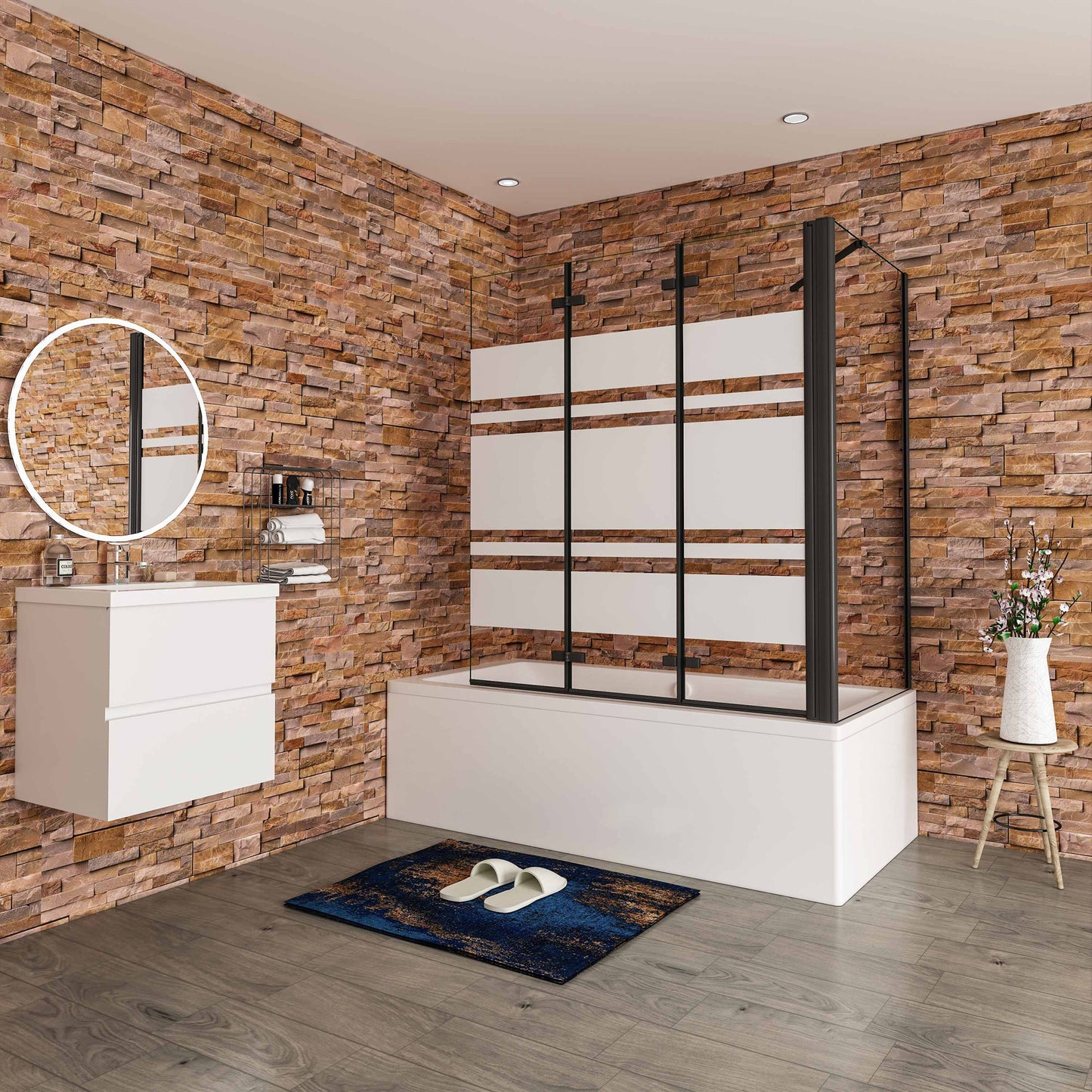 Aica Scandinavische Badwand 130/140x70/75/80x140cm,3-Delig Inklapbaar,6mm Wit Gesatineerd Easy Clean Gehard Glas,Mat zwart,Eenvoudige Montage