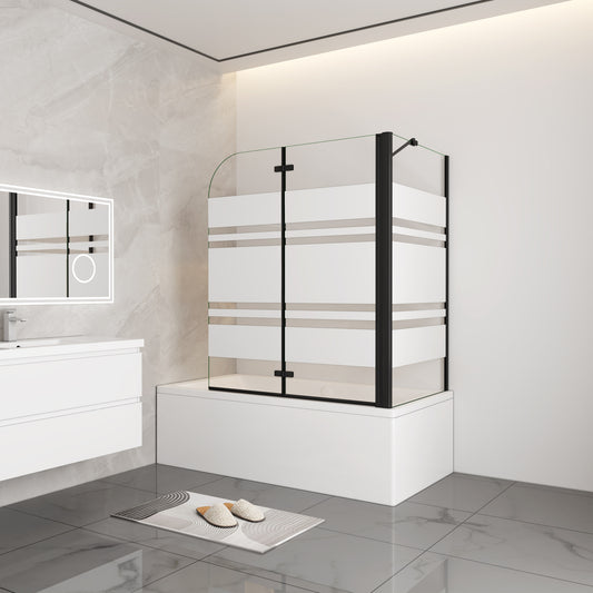 Aica modern stijl badwand 2 delig 90/100/110/120x65/70/75/80x140cm inklapbaar 6mm veiligheidsgehard glas-mat zwart-Witte zeefdrukstrepen