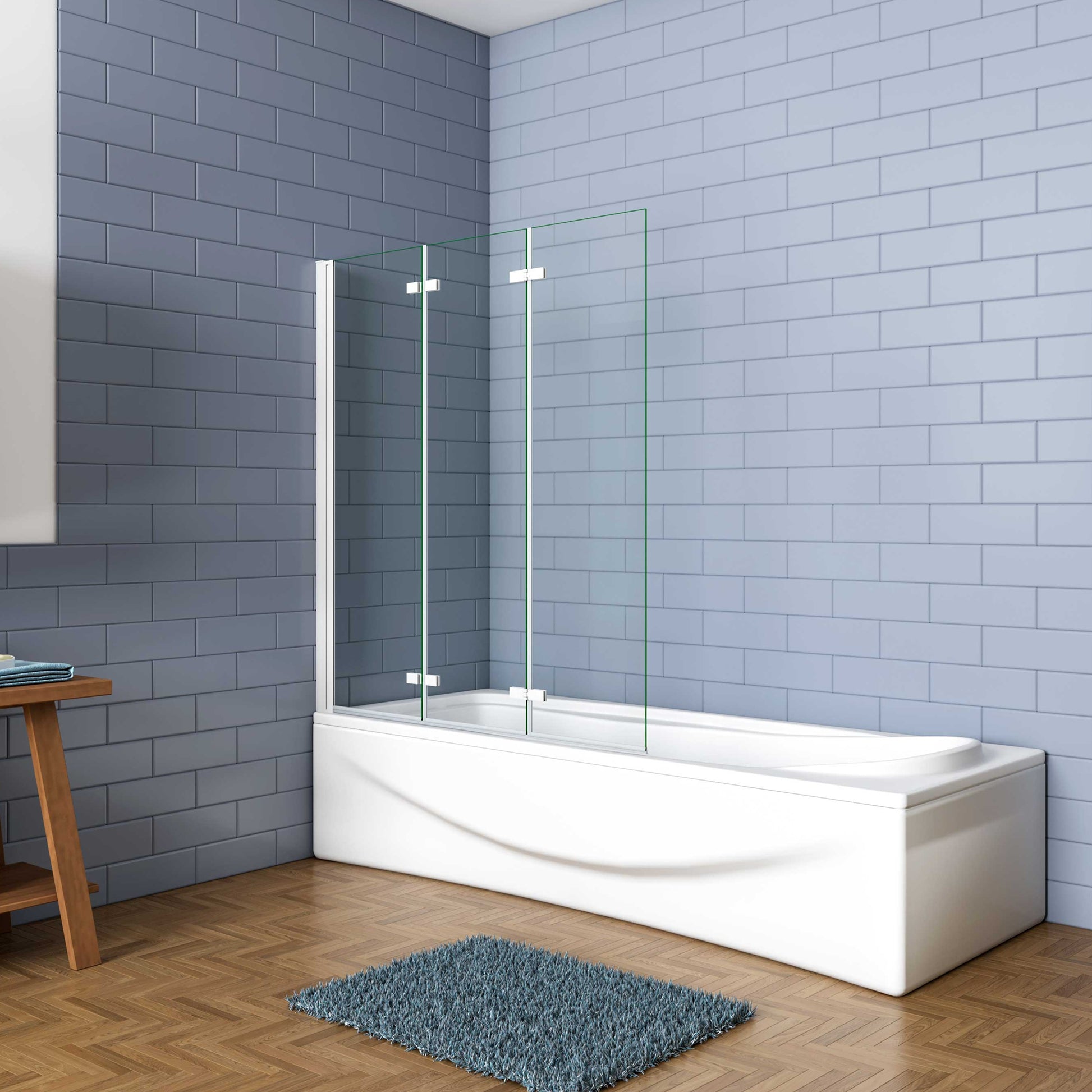 Aica Luxe Badwand 130x140cm,3-Delig Inklapbaar,6mm Transparant Easy Clean Gehard Glas,Grijs Frame,Eenvoudige Montage