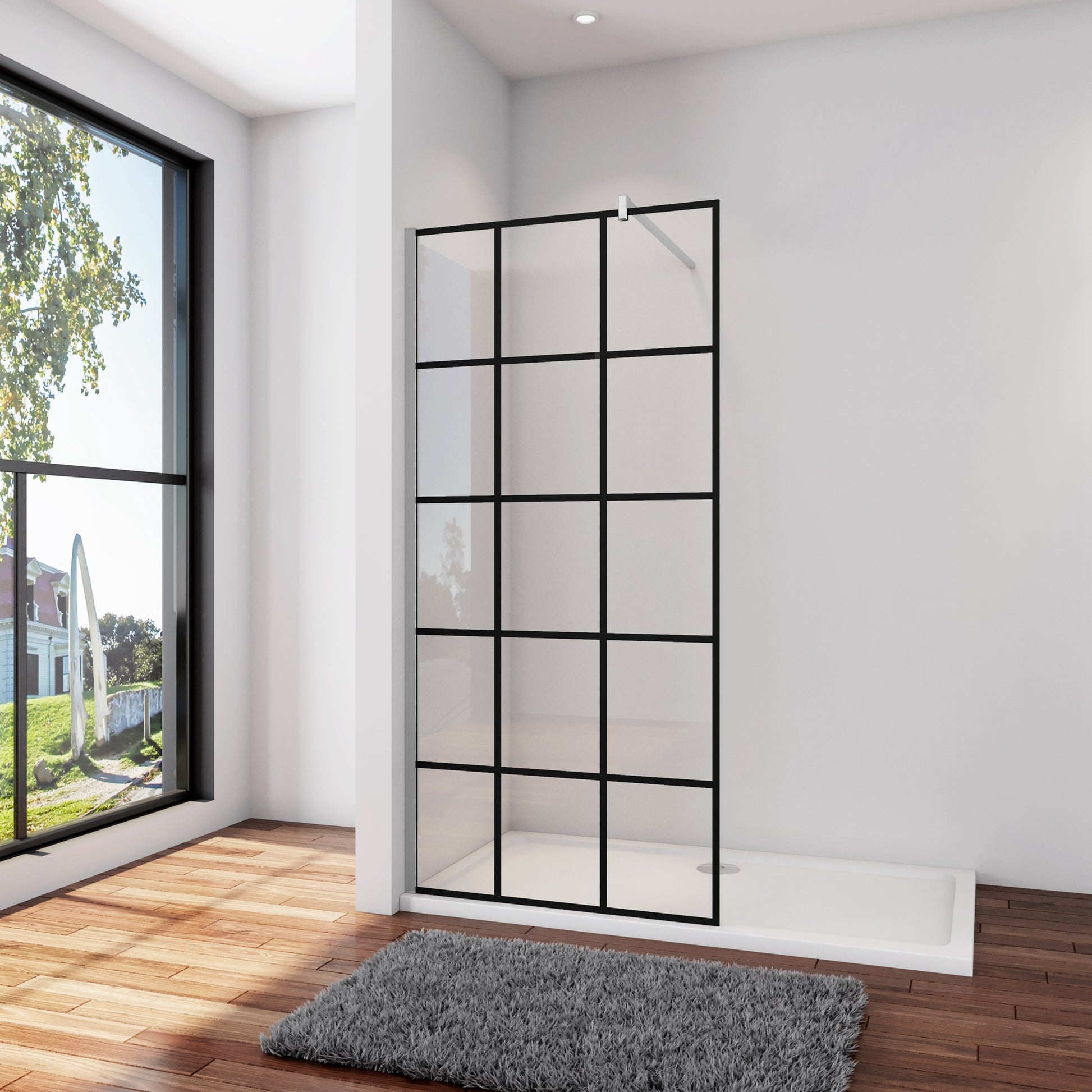 Inloopdouche 140x200cm met mat Zwart kader en raster,8mm NANO EasyClean veiligheidsglas+ Stabilisatiestang F: 140cm