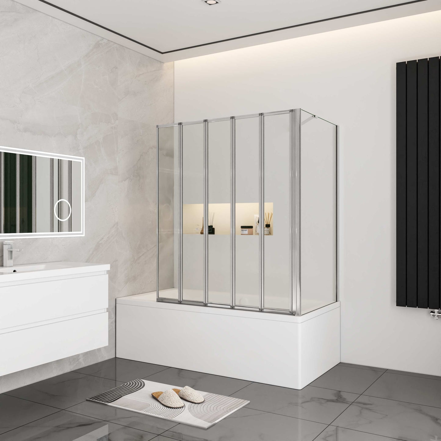 Aica Badwand 120x60/70/75/80x140cm-5-Delig Inklapbaar 4mm Gehard Glas-Gepolijst Chroom Frame