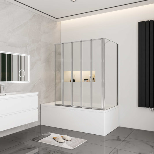 Aica Badwand 120x60/70/75/80x140cm-5-Delig Inklapbaar 4mm Gehard Glas-Gepolijst Chroom Frame