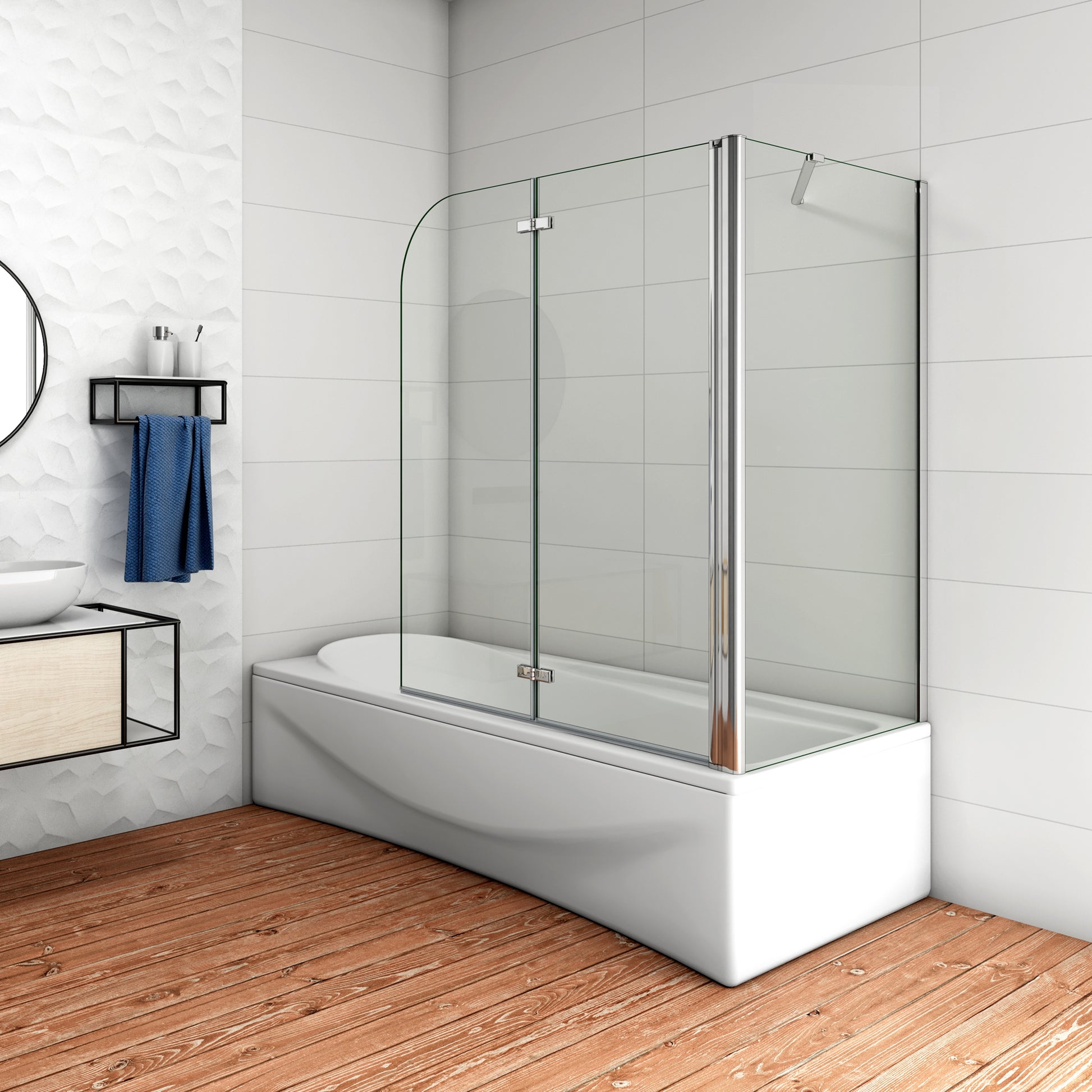 Aica Luxe Badwand 90/100/110/120x60/70/75/80x140cm-2-Delig Inklapbaar 6mm Transparant Easy Clean Gehard Glas-Chroom Frame-Eenvoudige Montage