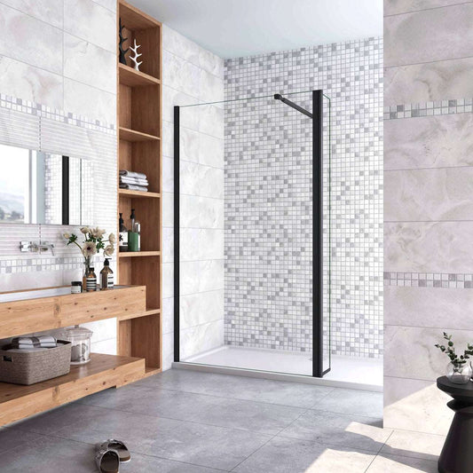 110x200cm zwarte inloopdouche + 30x200cm draaibaar hoekprofiel +73-120cm Stabilisatiestang 8mm EasyClean veiligheidsglas