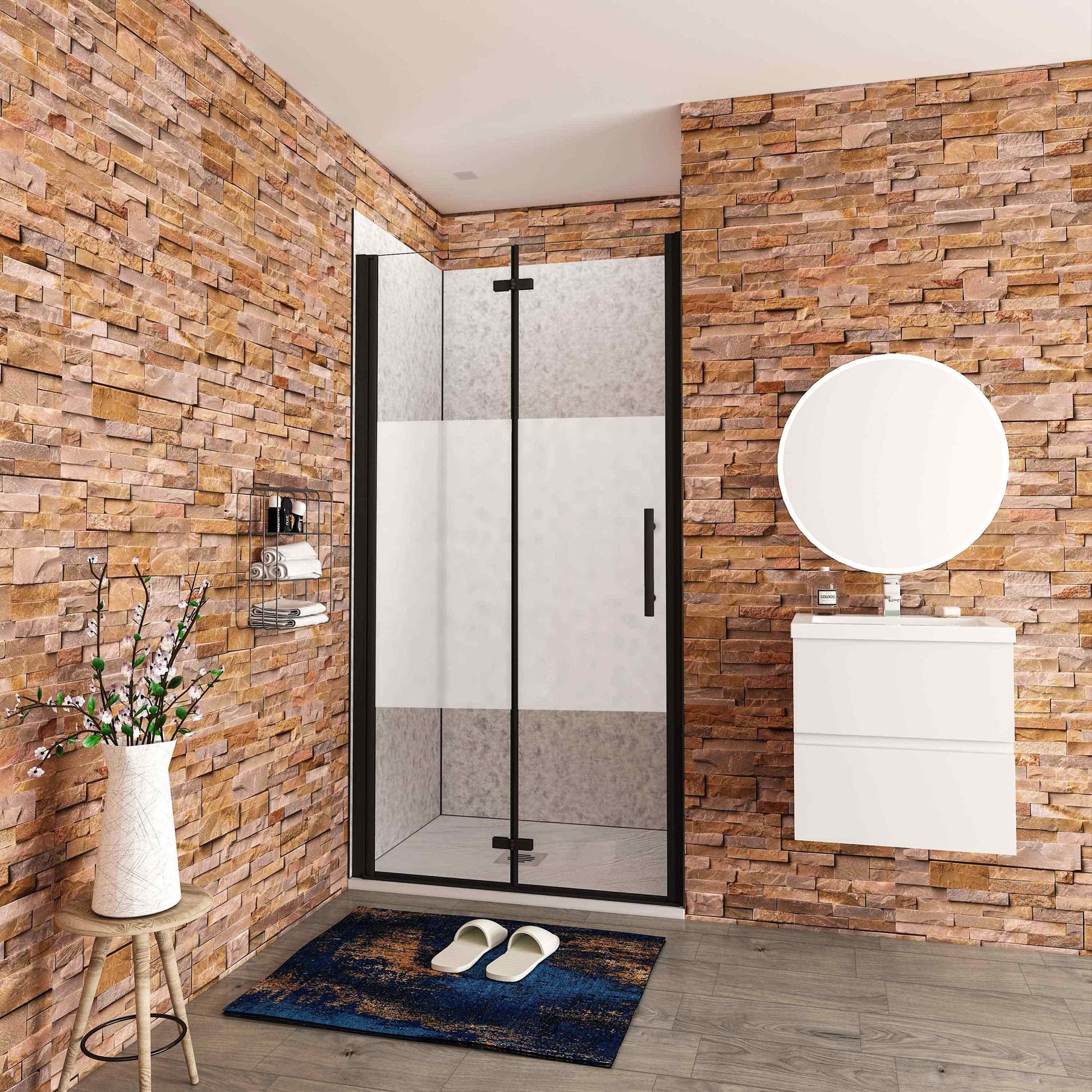Aica Stijlvo douchedeur vouwdeur 70-76-80-90-100-110-120x195cm mat zwart 6mm veiligheidsglas met matte zeefdrukband antikalk coating