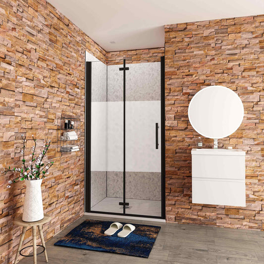 Aica Stijlvo douchedeur vouwdeur 70-76-80-90-100-110-120x195cm mat zwart 6mm veiligheidsglas met matte zeefdrukband antikalk coating