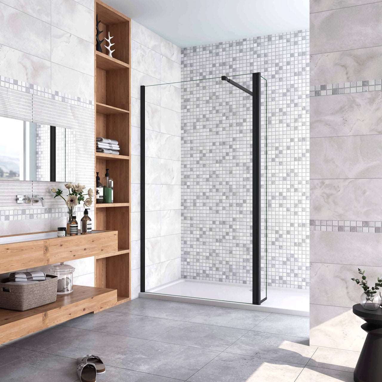 100x200cm zwarte inloopdouche + 30x200cm draaibaar hoekprofiel +73-120cm Stabilisatiestang 8mm EasyClean veiligheidsglas