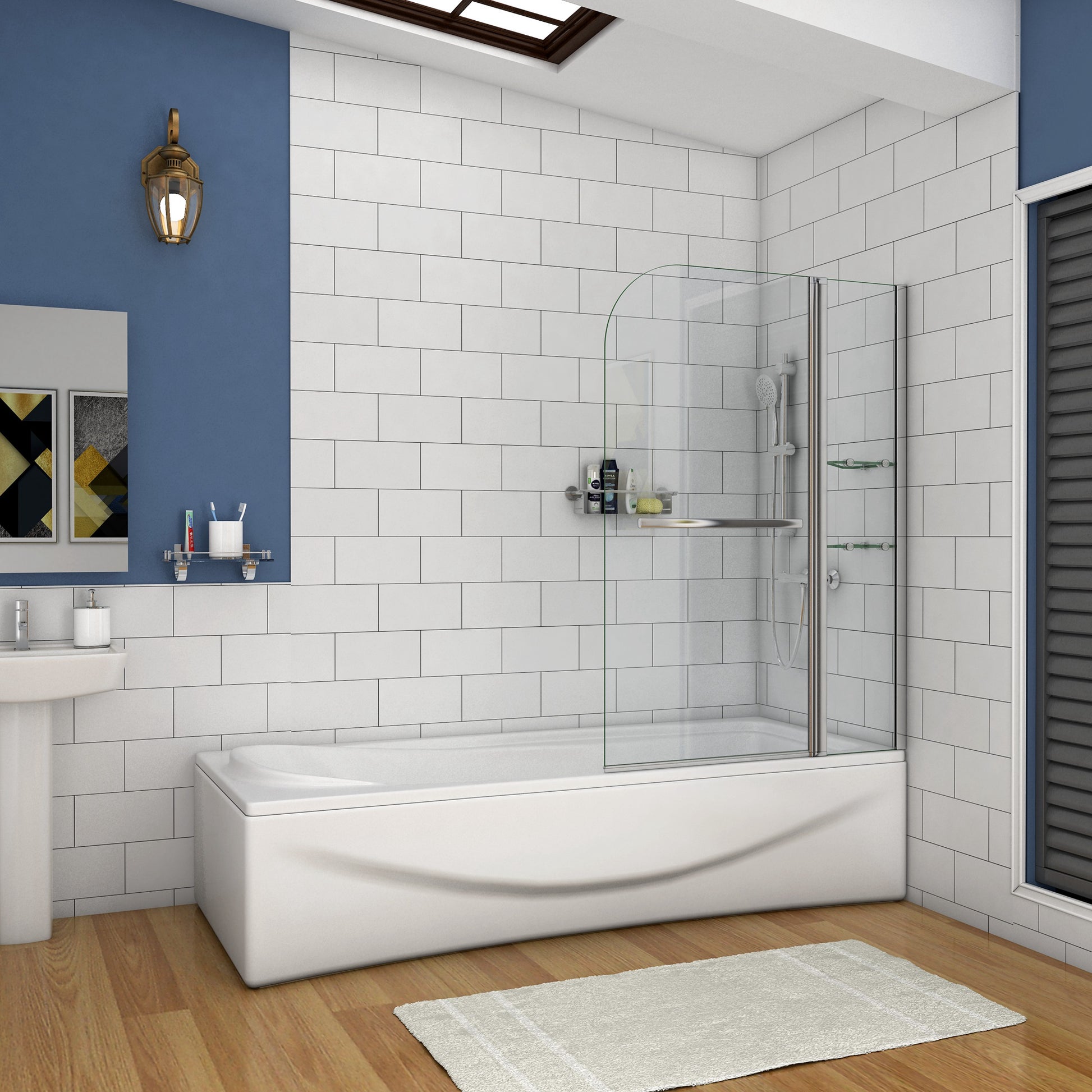Aica Functionele Badwand 120x140cm-Vast Paneel+Draaibaar Glas-Met Plank en Handdoekhouder 6mm Gehard Glas-Chroom Frame