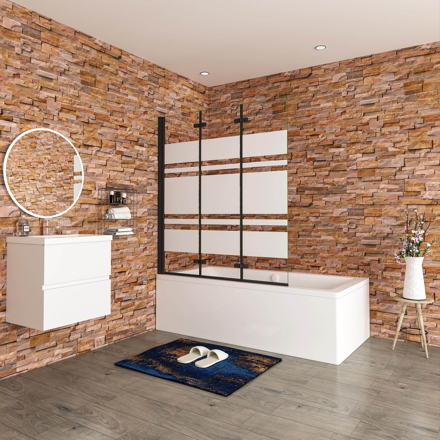 Aica Scandinavische Badwand 130/140x140cm,3-Delig Inklapbaar,6mm Wit Gesatineerd Easy Clean Gehard Glas,Mat zwart,Eenvoudige Montage