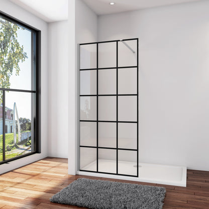 Inloopdouche 100x200cm met mat Zwart kader en raster,8mm NANO EasyClean veiligheidsglas+ Stabilisatiestang N: 90cm