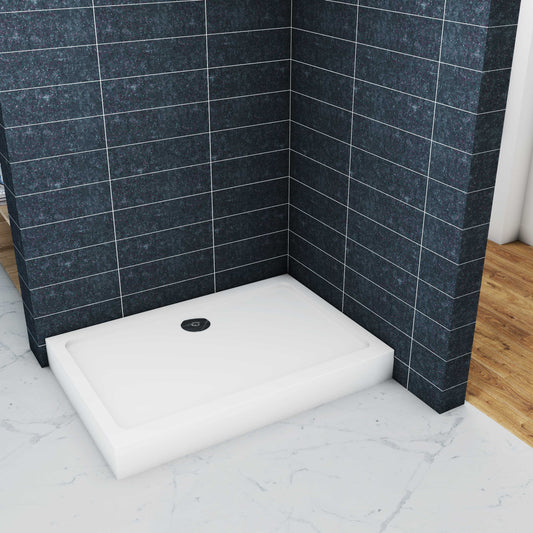 Aica80/90/100/110/120/140x70/76/80/90x3cm witte douchebak rechthoekige gemaakt van een mengsel van natuursteen en hars antislip antibacterieel met douchegoot rooster en afvoer verkrijgbaar in verschillende maten incl. verstelbare poten tot 10 cm