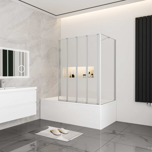 Aica Badwand 100x70/75/80x140cm 4-Delige Inklapbaar 4mm gehard glas-Grijs frame