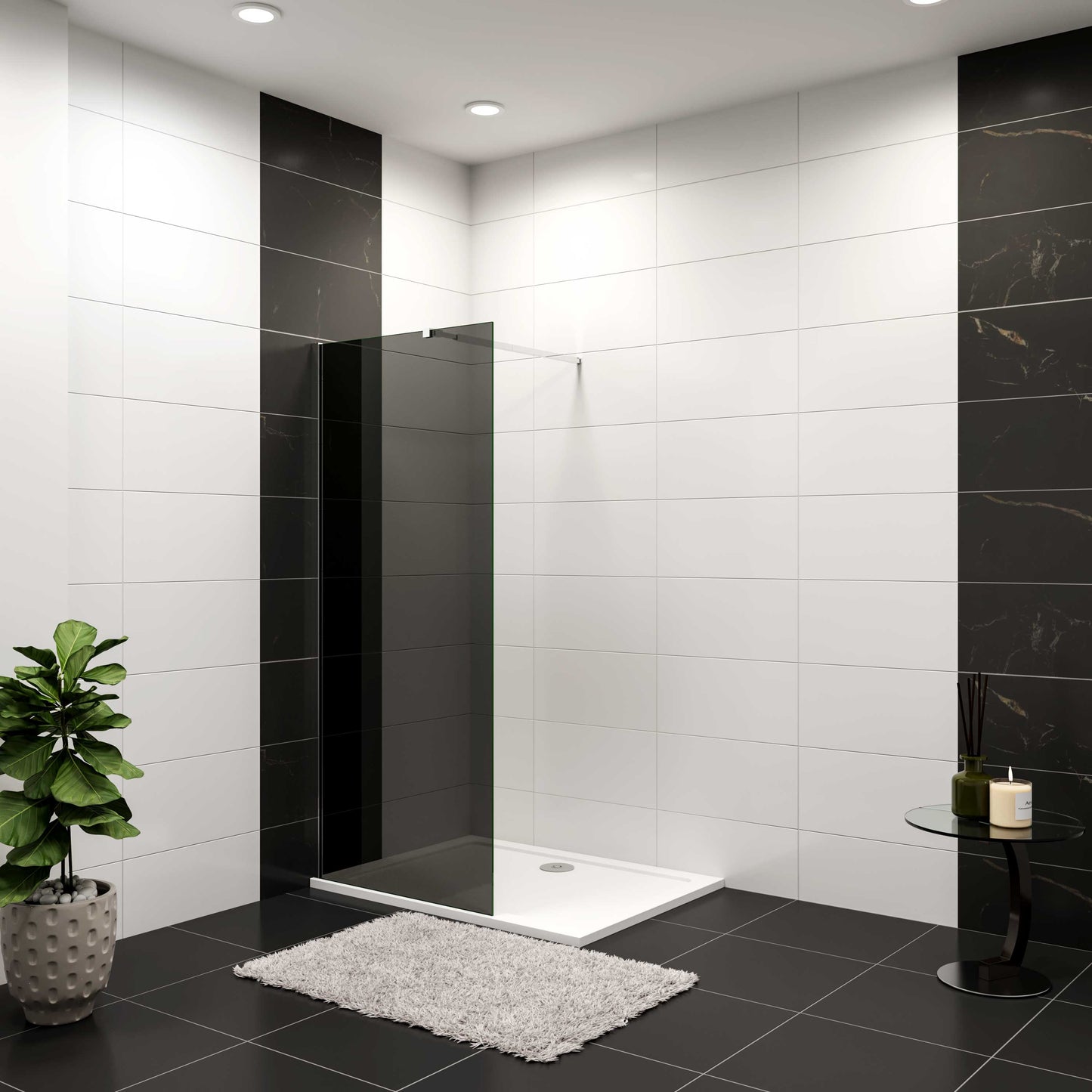 Aica Industriële douchewand 100-140x200 cm 10 mm NANO gehard glas met zwarte veiligheidsfolie 73-120/70-120/F-vormig:90/F-vormig:140cm stabilisatiestang glanzend chroom dubbele veiligheidswaarborg
