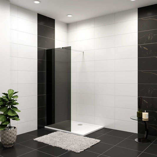 Aica Industriële douchewand 100-140x200 cm 10 mm NANO gehard glas met zwarte veiligheidsfolie 73-120/70-120/F-vormig:90/F-vormig:140cm stabilisatiestang glanzend chroom dubbele veiligheidswaarborg