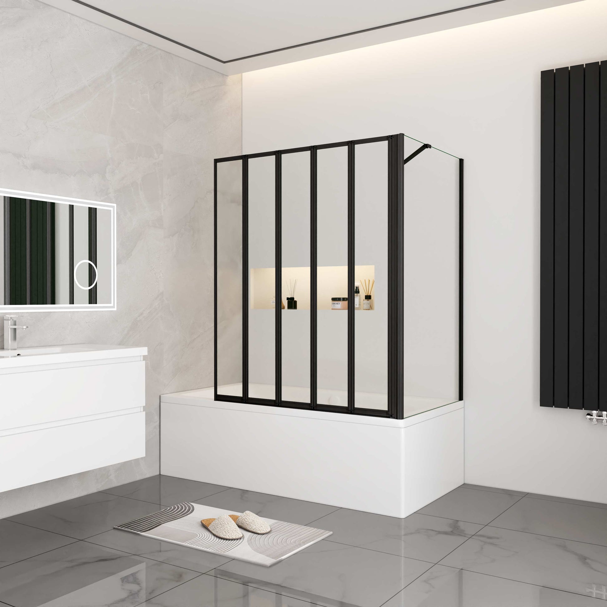 Aica industriële badwand 120x65/70/75/80x140cm 5-delig inklapbaar 4 mm gehard glas matzwart