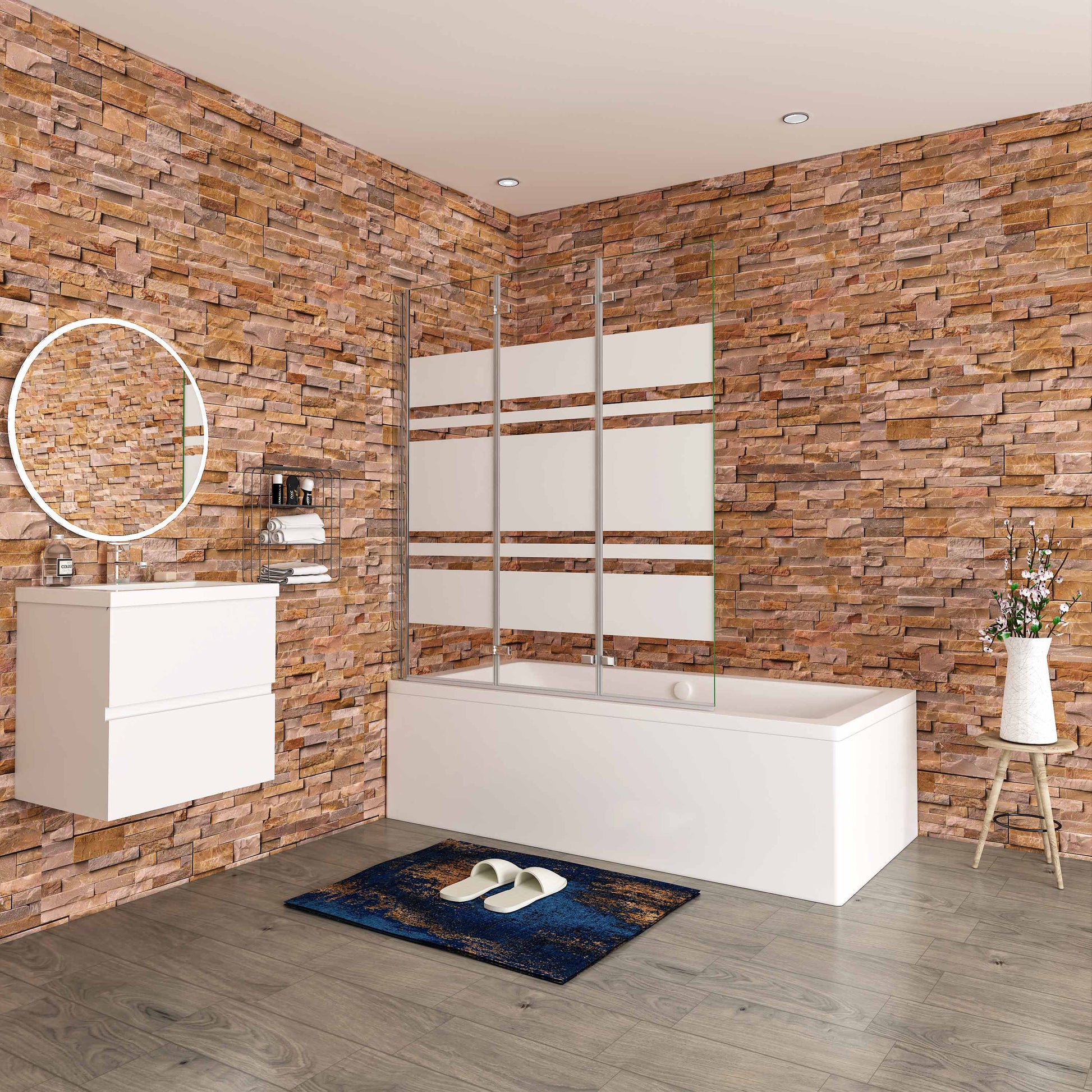 Aica Scandinavische Badwand 130/140x140cm,3-Delig Inklapbaar,6mm Wit Gesatineerd Easy Clean Gehard Glas,Chroom Frame,Eenvoudige Montage