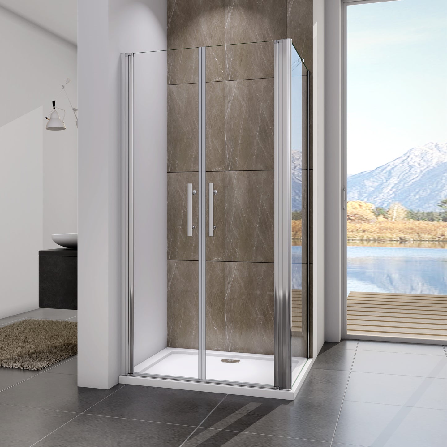 Douchecabine  195cm hoog,pendeldeur,6 mm NANO EasyClean veiligheidsglas Steunstanglengte: 500 mm