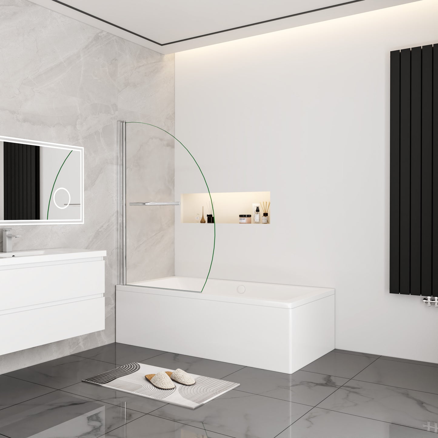 Kwartrond draaibaar pendel badwand 100x140cm, 180 graden draaibaar, 8 mm helder gehard veiligheids glas easyclean, 40 cm handdoekstang