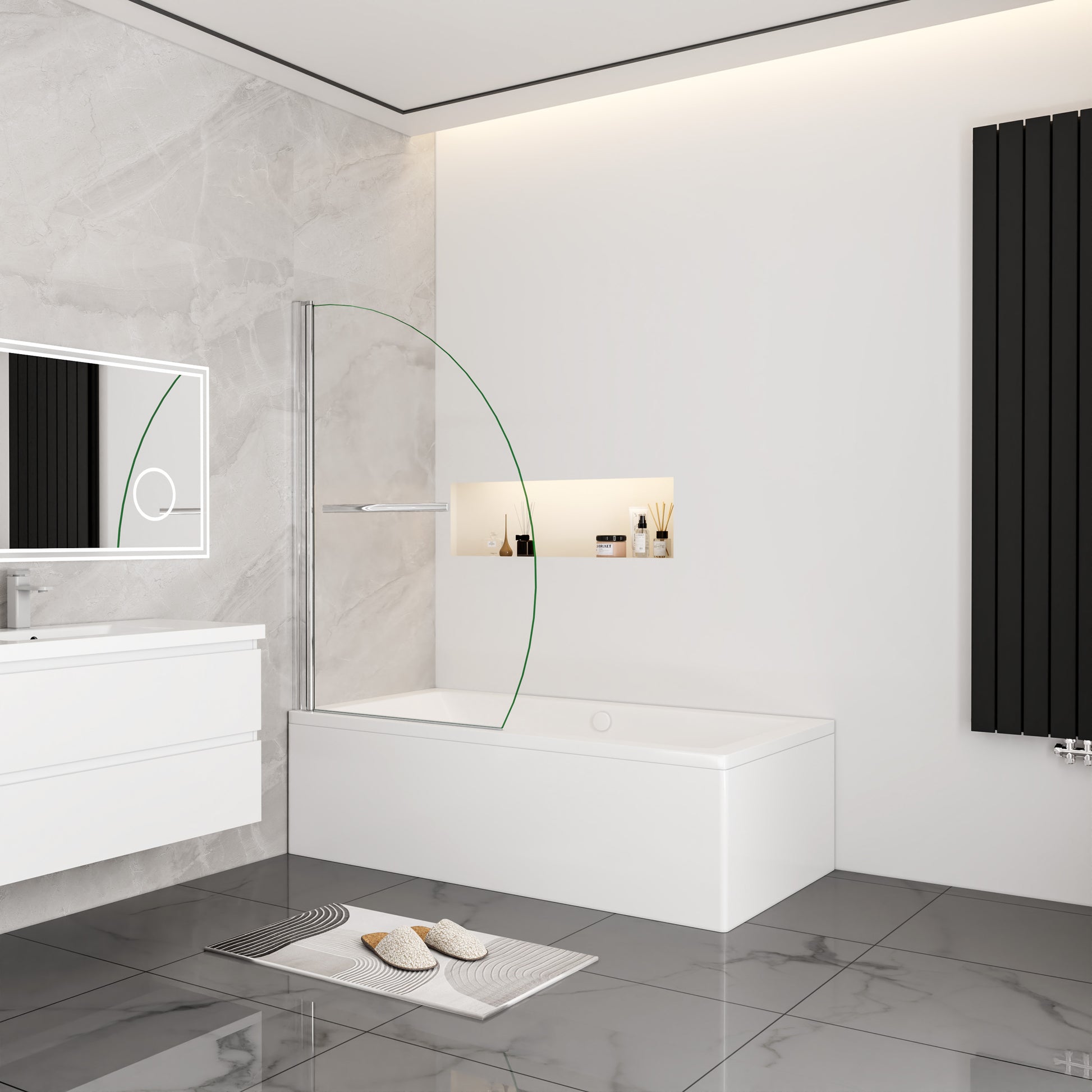 Kwartrond draaibaar pendel badwand 100x140cm, 180 graden draaibaar, 8 mm helder gehard veiligheids glas easyclean, 40 cm handdoekstang