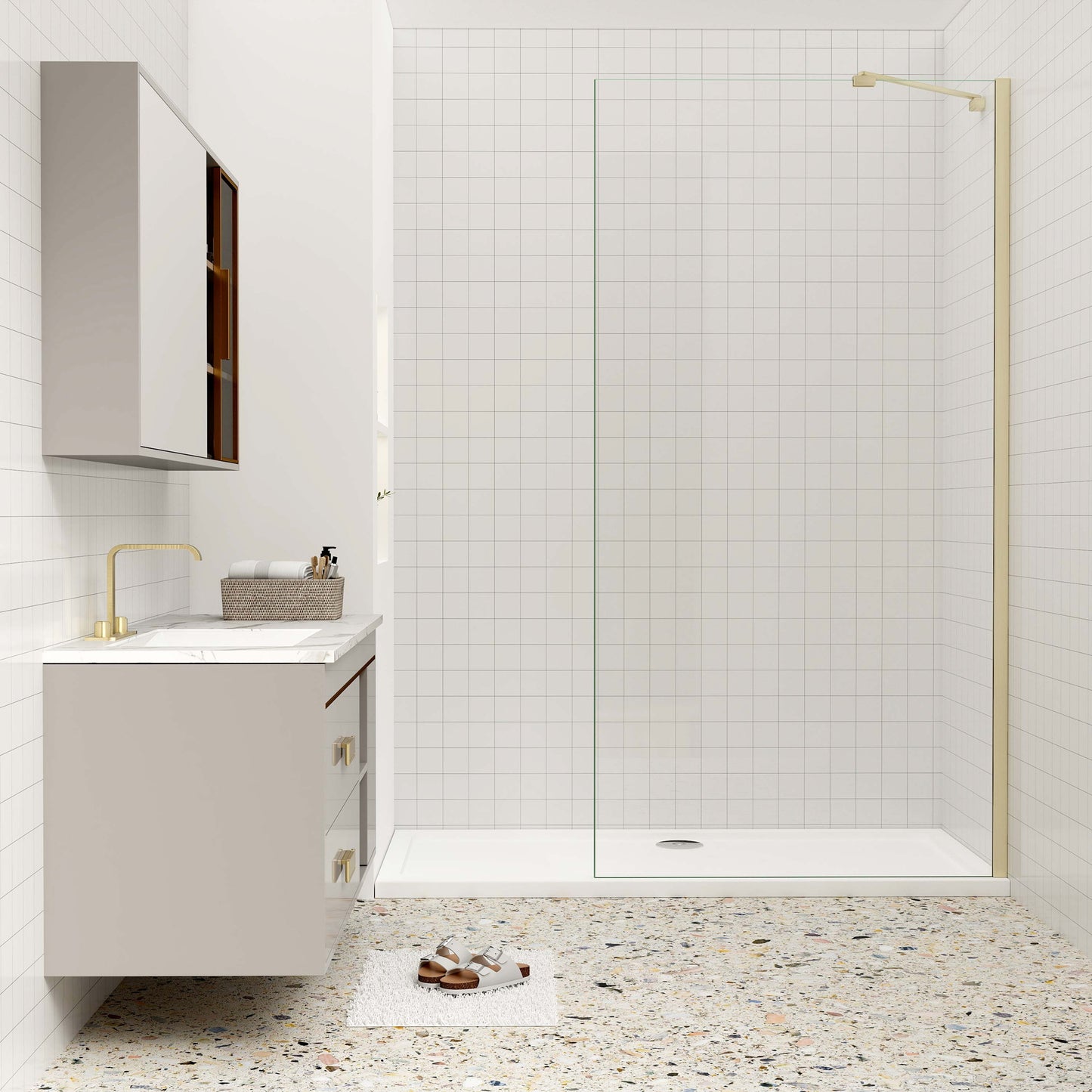 Aica luxueus inloopdouche 30-160x200 cm 8 mm NANO Easyclean veiliges gehard glas 45/73-120/70-120/N-vormig:90/N-vormig:140/F-vormig:90/F-vormig:140 cm draaibaar stabilisatiestang - gemakkelijk te installeren geborsteld goud
