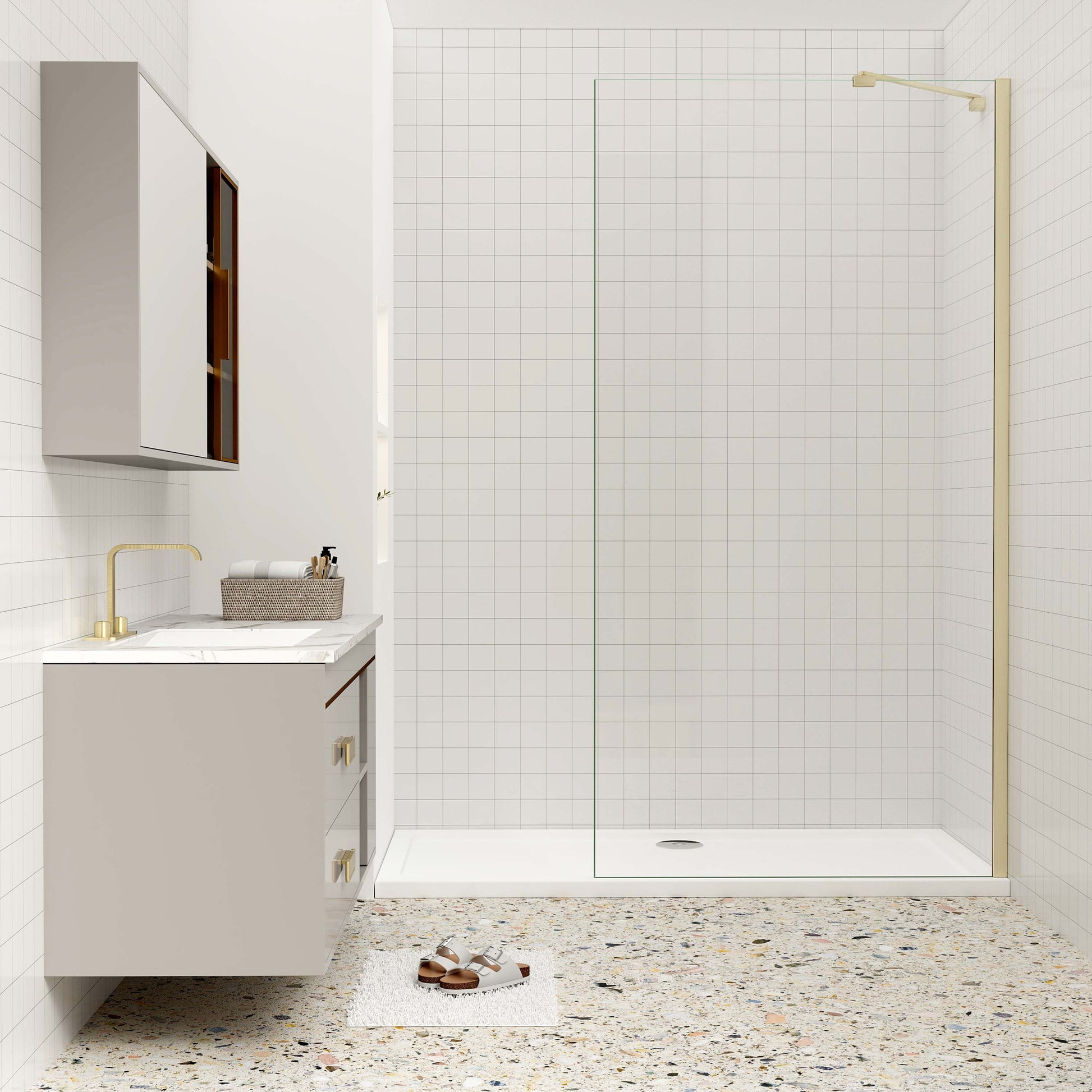 Aica luxueus inloopdouche 30-160x200 cm 8 mm NANO Easyclean veiliges gehard glas 45/73-120/70-120/N-vormig:90/N-vormig:140/F-vormig:90/F-vormig:140 cm draaibaar stabilisatiestang - gemakkelijk te installeren geborsteld goud