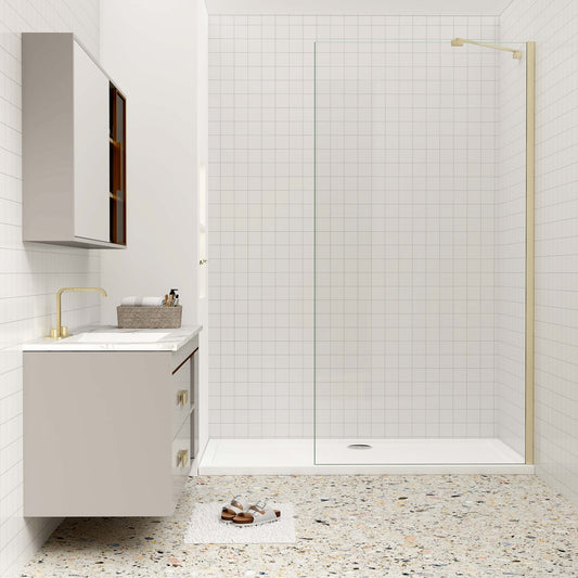 Aica luxueus inloopdouche 30-160x200 cm 8 mm NANO Easyclean veiliges gehard glas 45/73-120/70-120/N-vormig:90/N-vormig:140/F-vormig:90/F-vormig:140 cm draaibaar stabilisatiestang - gemakkelijk te installeren geborsteld goud