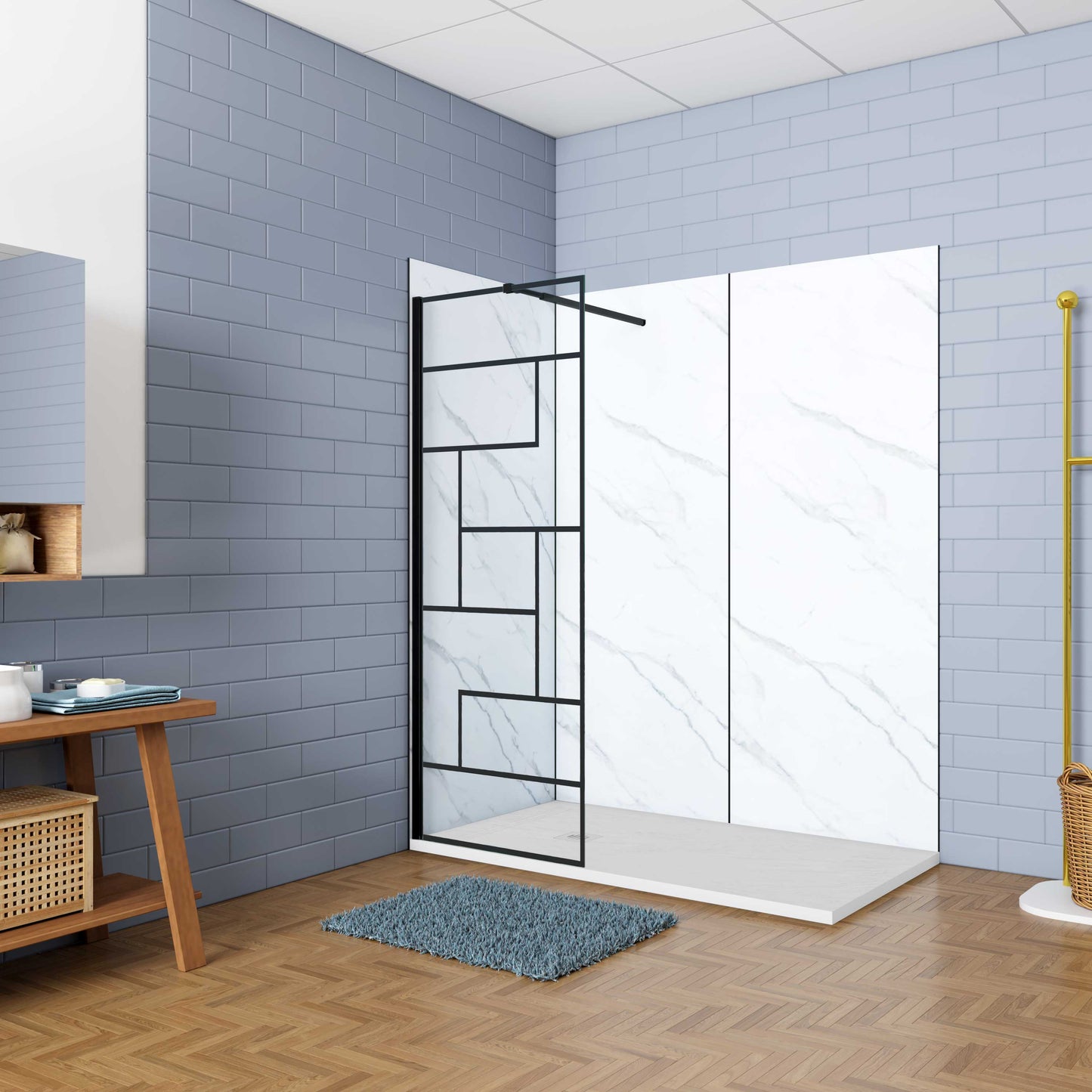 Aica Industriële inloopdouchewand 70-140x200 cm 8 mm NANO Easyclean veiliges gehard glas zwart onregelmatig raster mat zwart 73-120/70-120/N-vormig:90/N-vormig:140/F-vormig:90/F-vormig:140cm inkortbaar stabilisatiestang