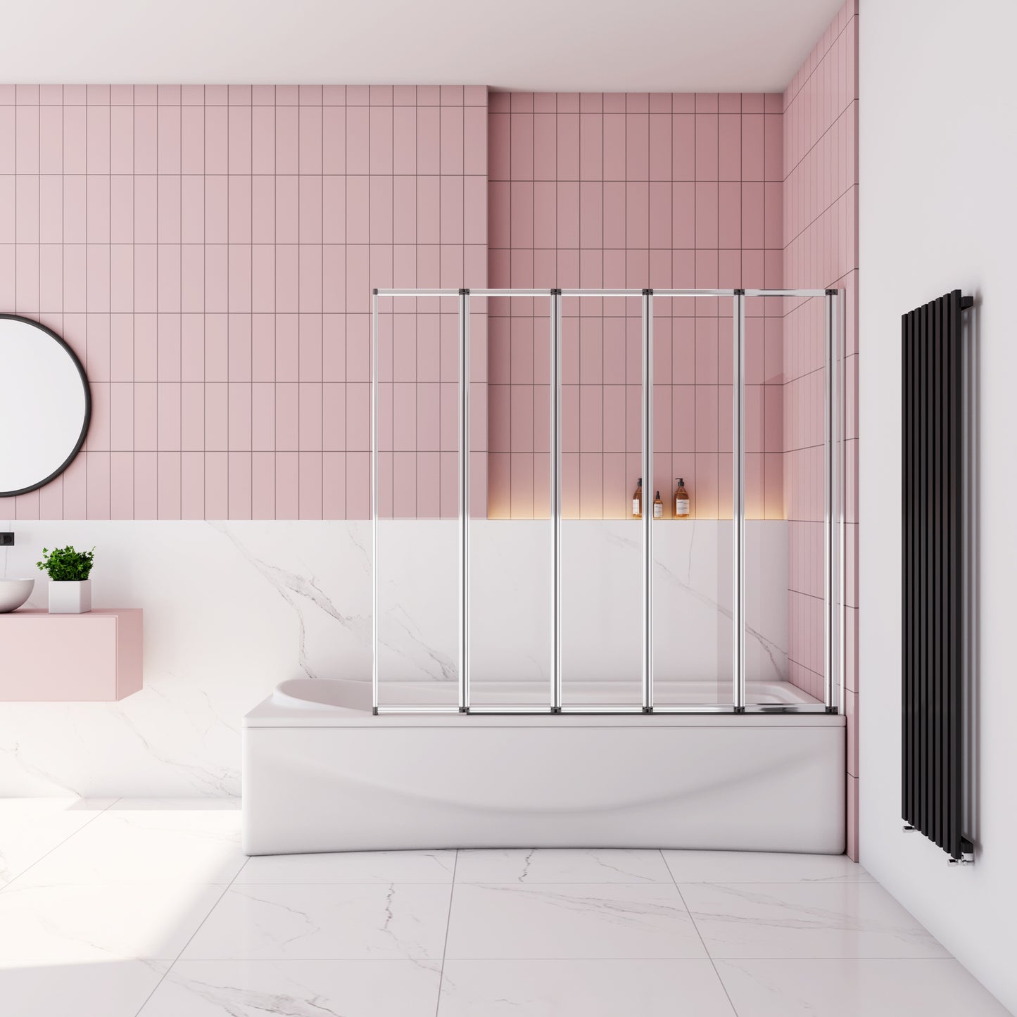 Aica Badwand 120x140cm 5-Delig Inklapbaar 4mm Gehard Glas-Gepolijst Chroom Frame