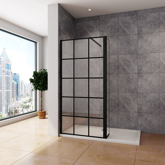Inloopdouche 90x200cm met zwart decor,30x200cm draaibaar hoekprofiel,140cm Stabilisatiestang,8mm NANO EasyClean veiligheidsglas